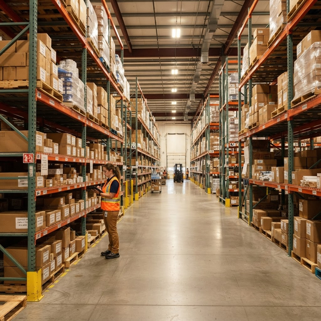 Interior of an organised warehouse with stocked storage racks